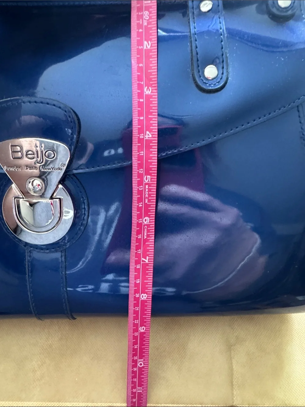 Beijo Navy Patent Satchel with Silver-Tone Lock Matching Wallet